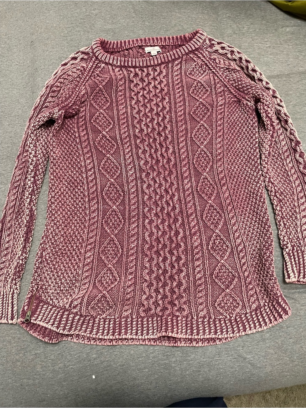 LL Bean Signature Cable Knit Side Zip Tunic Sweater Large Mauve Plum